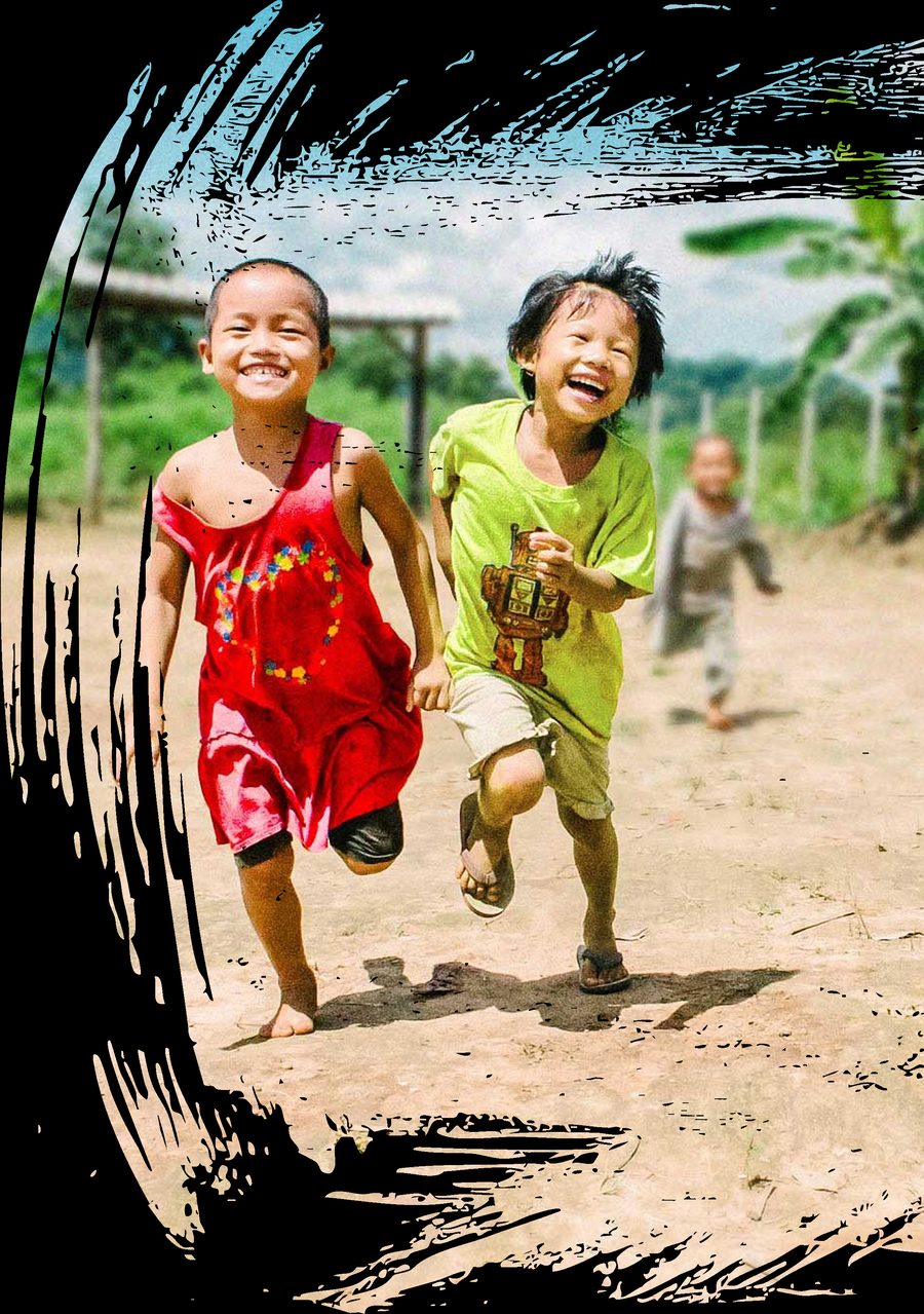 Photograph of two children masked with the brushstroke edge