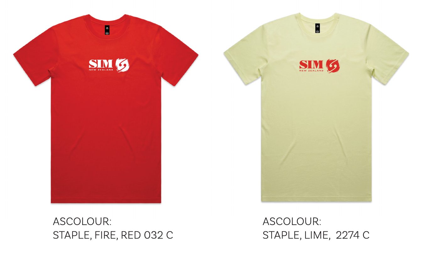 Red and lime t-shirts with the SIM New Zealand logo on the chest