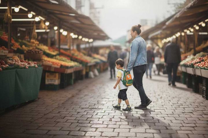 A mother and child walking through a covered market