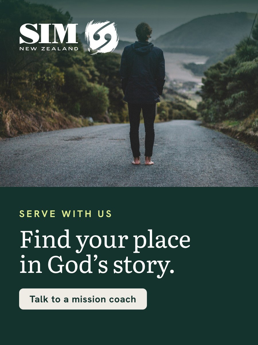 Photo of a person walking a road above a Pounamu green panel reading Find your place in God&rsquo;s story, with a Talk to a mission coach button