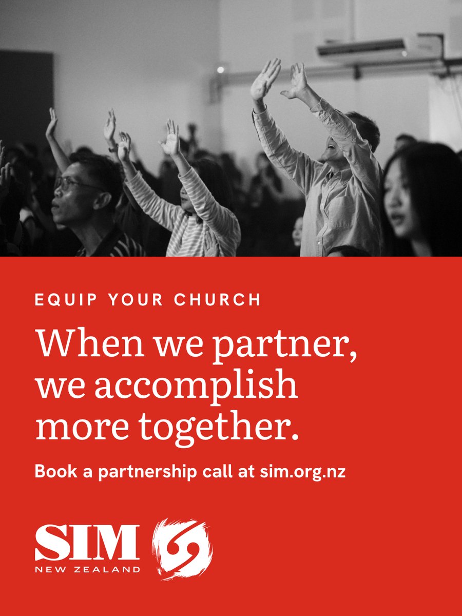 Black and white worship photograph above a SIM red panel reading When we partner, we accomplish more together