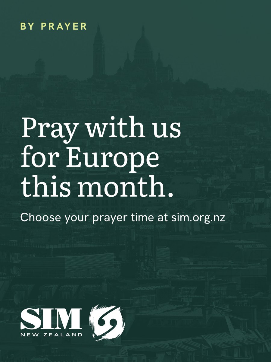 Photograph toned in Pounamu green with the headline Pray with us for Europe this month